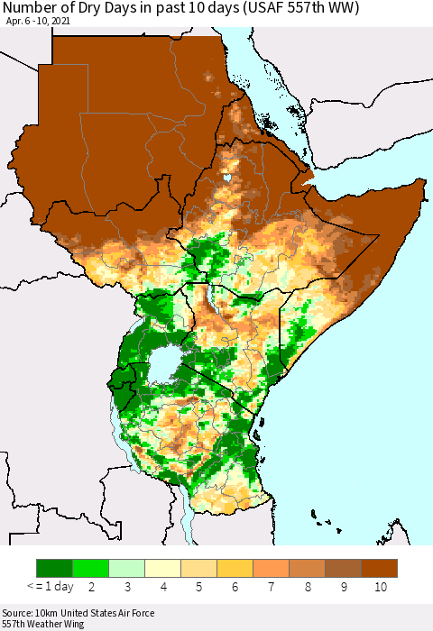 Eastern Africa Number of Dry Days in past 10 days (USAF 557th WW) Thematic Map For 4/6/2021 - 4/10/2021
