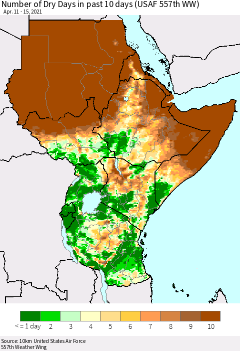 Eastern Africa Number of Dry Days in past 10 days (USAF 557th WW) Thematic Map For 4/11/2021 - 4/15/2021