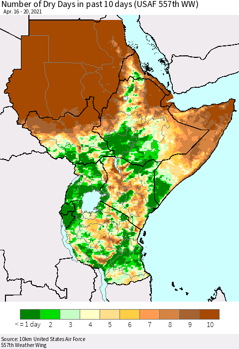 Eastern Africa Number of Dry Days in past 10 days (USAF 557th WW) Thematic Map For 4/16/2021 - 4/20/2021
