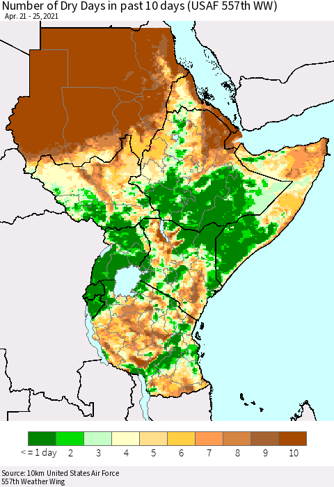 Eastern Africa Number of Dry Days in past 10 days (USAF 557th WW) Thematic Map For 4/21/2021 - 4/25/2021