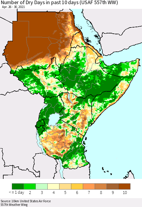 Eastern Africa Number of Dry Days in past 10 days (USAF 557th WW) Thematic Map For 4/26/2021 - 4/30/2021