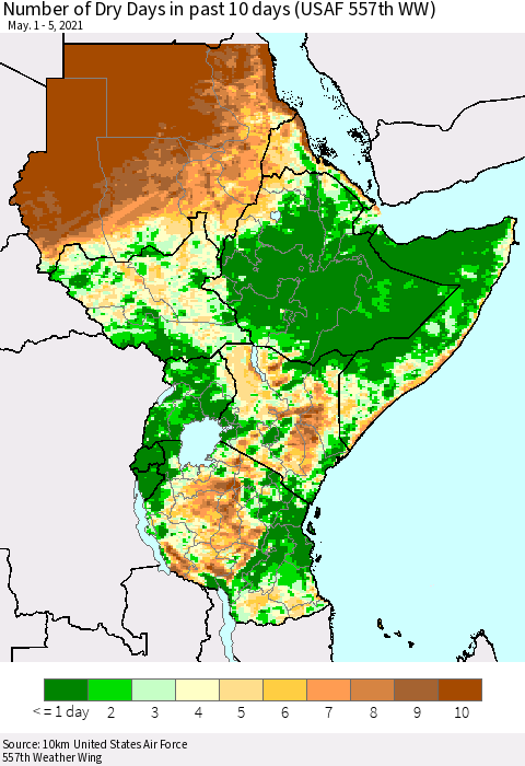 Eastern Africa Number of Dry Days in past 10 days (USAF 557th WW) Thematic Map For 5/1/2021 - 5/5/2021