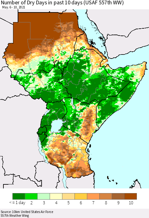 Eastern Africa Number of Dry Days in past 10 days (USAF 557th WW) Thematic Map For 5/6/2021 - 5/10/2021