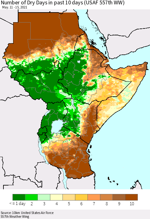 Eastern Africa Number of Dry Days in past 10 days (USAF 557th WW) Thematic Map For 5/11/2021 - 5/15/2021