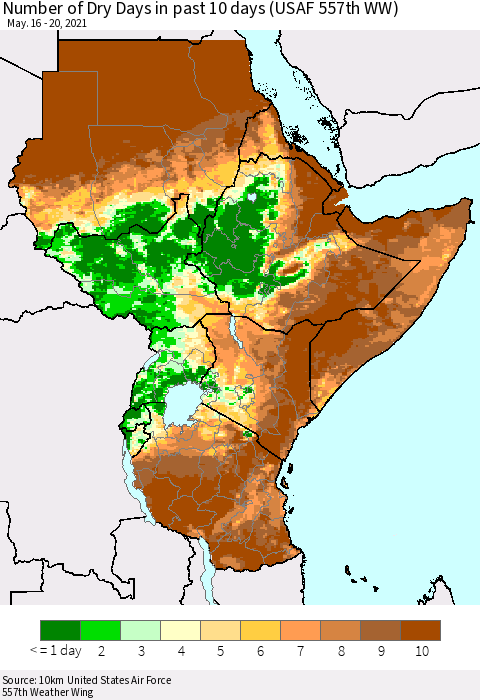 Eastern Africa Number of Dry Days in past 10 days (USAF 557th WW) Thematic Map For 5/16/2021 - 5/20/2021