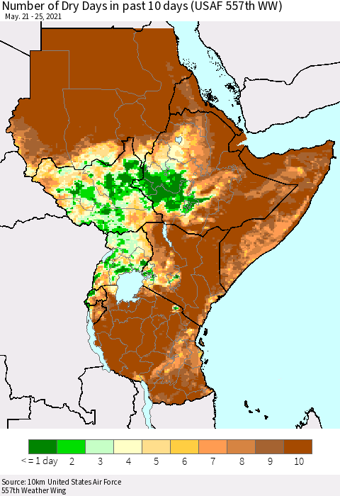 Eastern Africa Number of Dry Days in past 10 days (USAF 557th WW) Thematic Map For 5/21/2021 - 5/25/2021