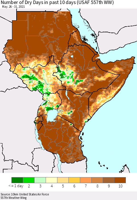 Eastern Africa Number of Dry Days in past 10 days (USAF 557th WW) Thematic Map For 5/26/2021 - 5/31/2021