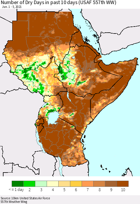 Eastern Africa Number of Dry Days in past 10 days (USAF 557th WW) Thematic Map For 6/1/2021 - 6/5/2021