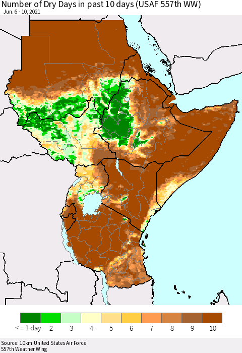 Eastern Africa Number of Dry Days in past 10 days (USAF 557th WW) Thematic Map For 6/6/2021 - 6/10/2021