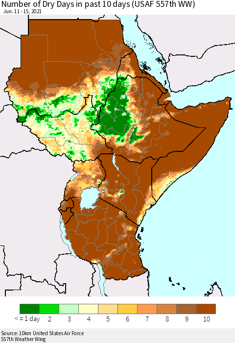 Eastern Africa Number of Dry Days in past 10 days (USAF 557th WW) Thematic Map For 6/11/2021 - 6/15/2021