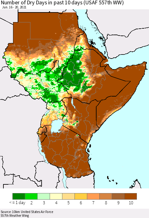 Eastern Africa Number of Dry Days in past 10 days (USAF 557th WW) Thematic Map For 6/16/2021 - 6/20/2021