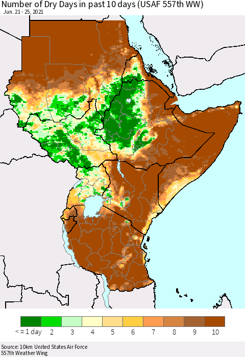 Eastern Africa Number of Dry Days in past 10 days (USAF 557th WW) Thematic Map For 6/21/2021 - 6/25/2021