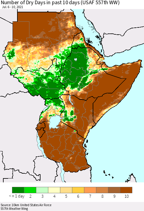 Eastern Africa Number of Dry Days in past 10 days (USAF 557th WW) Thematic Map For 7/6/2021 - 7/10/2021