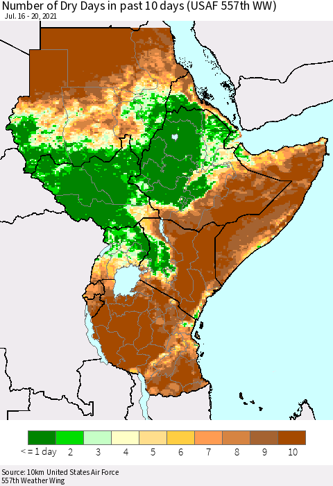 Eastern Africa Number of Dry Days in past 10 days (USAF 557th WW) Thematic Map For 7/16/2021 - 7/20/2021