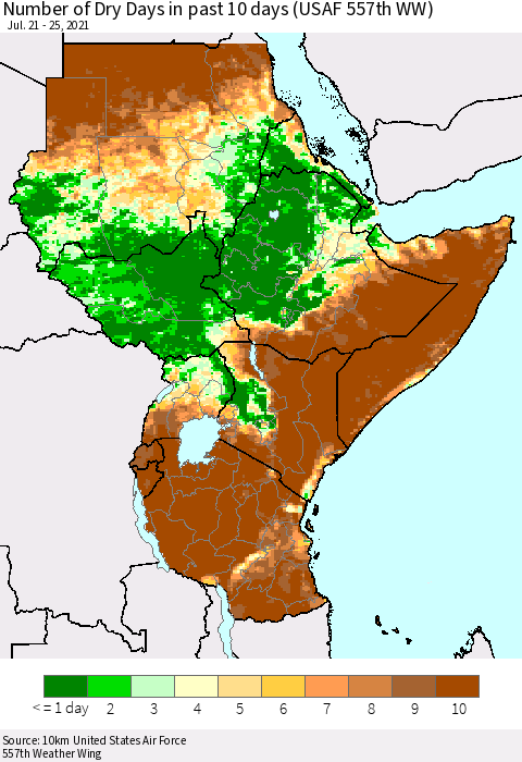Eastern Africa Number of Dry Days in past 10 days (USAF 557th WW) Thematic Map For 7/21/2021 - 7/25/2021