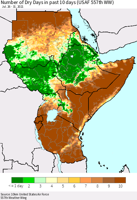 Eastern Africa Number of Dry Days in past 10 days (USAF 557th WW) Thematic Map For 7/26/2021 - 7/31/2021