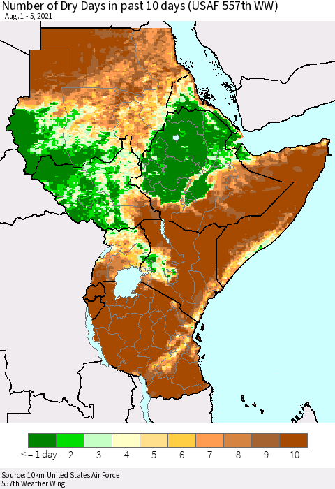 Eastern Africa Number of Dry Days in past 10 days (USAF 557th WW) Thematic Map For 8/1/2021 - 8/5/2021