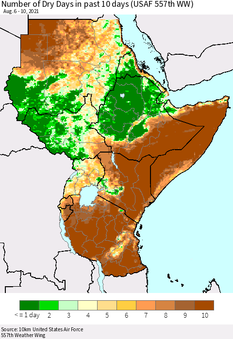 Eastern Africa Number of Dry Days in past 10 days (USAF 557th WW) Thematic Map For 8/6/2021 - 8/10/2021
