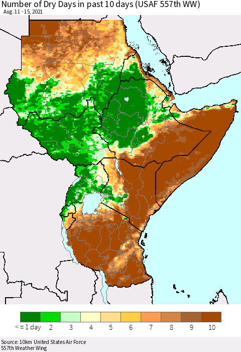 Eastern Africa Number of Dry Days in past 10 days (USAF 557th WW) Thematic Map For 8/11/2021 - 8/15/2021