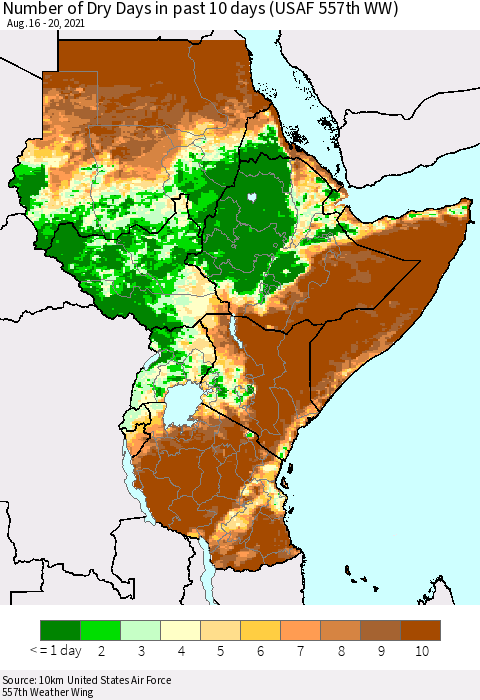 Eastern Africa Number of Dry Days in past 10 days (USAF 557th WW) Thematic Map For 8/16/2021 - 8/20/2021
