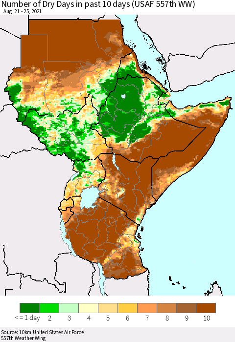 Eastern Africa Number of Dry Days in past 10 days (USAF 557th WW) Thematic Map For 8/21/2021 - 8/25/2021