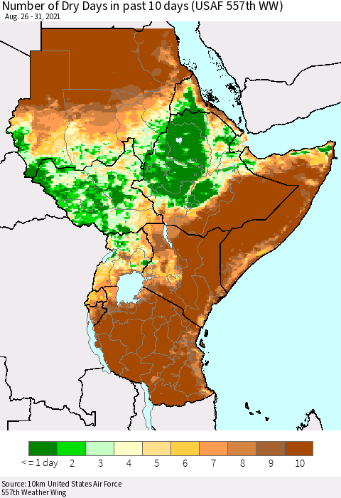 Eastern Africa Number of Dry Days in past 10 days (USAF 557th WW) Thematic Map For 8/26/2021 - 8/31/2021