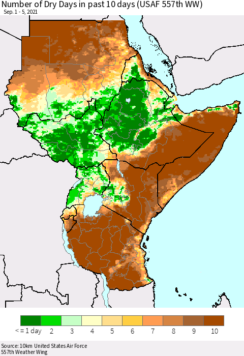 Eastern Africa Number of Dry Days in past 10 days (USAF 557th WW) Thematic Map For 9/1/2021 - 9/5/2021