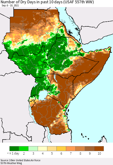 Eastern Africa Number of Dry Days in past 10 days (USAF 557th WW) Thematic Map For 9/6/2021 - 9/10/2021