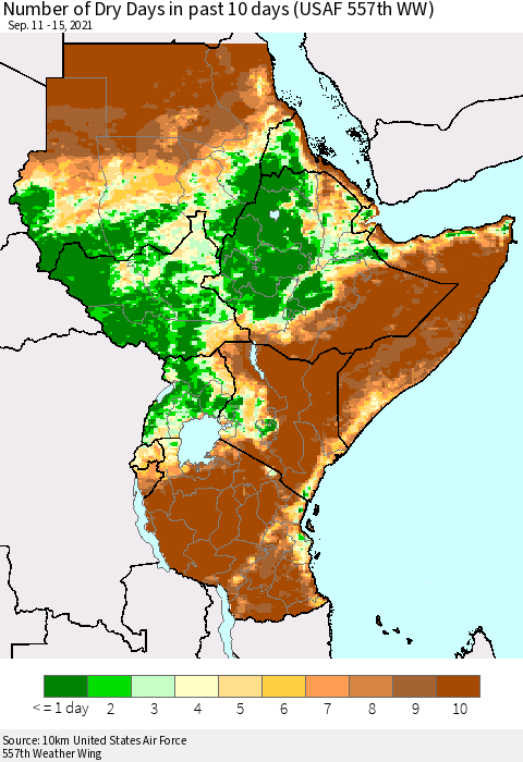 Eastern Africa Number of Dry Days in past 10 days (USAF 557th WW) Thematic Map For 9/11/2021 - 9/15/2021