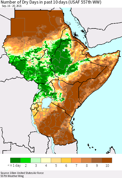 Eastern Africa Number of Dry Days in past 10 days (USAF 557th WW) Thematic Map For 9/16/2021 - 9/20/2021