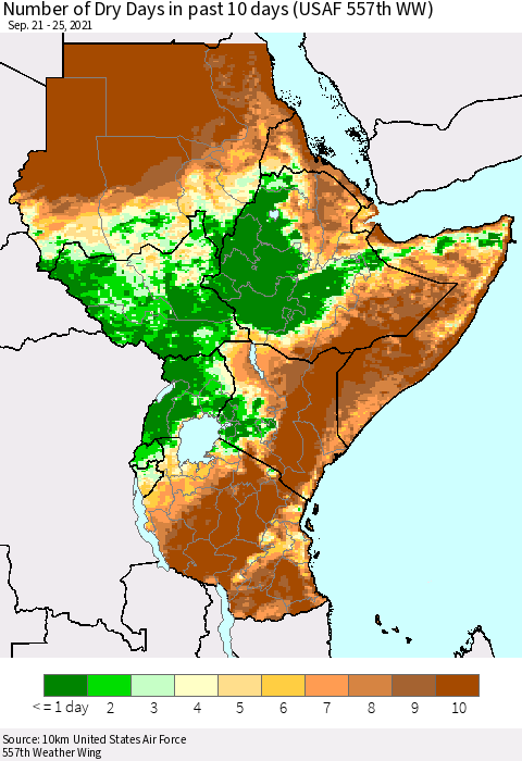 Eastern Africa Number of Dry Days in past 10 days (USAF 557th WW) Thematic Map For 9/21/2021 - 9/25/2021