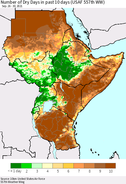 Eastern Africa Number of Dry Days in past 10 days (USAF 557th WW) Thematic Map For 9/26/2021 - 9/30/2021