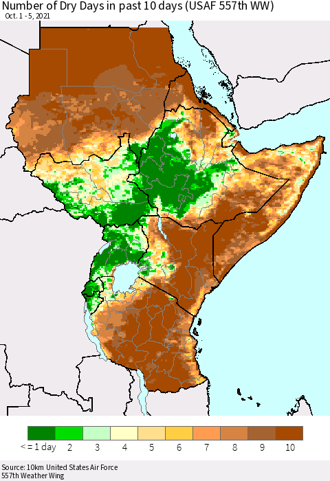 Eastern Africa Number of Dry Days in past 10 days (USAF 557th WW) Thematic Map For 10/1/2021 - 10/5/2021