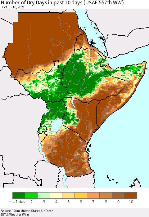 Eastern Africa Number of Dry Days in past 10 days (USAF 557th WW) Thematic Map For 10/6/2021 - 10/10/2021