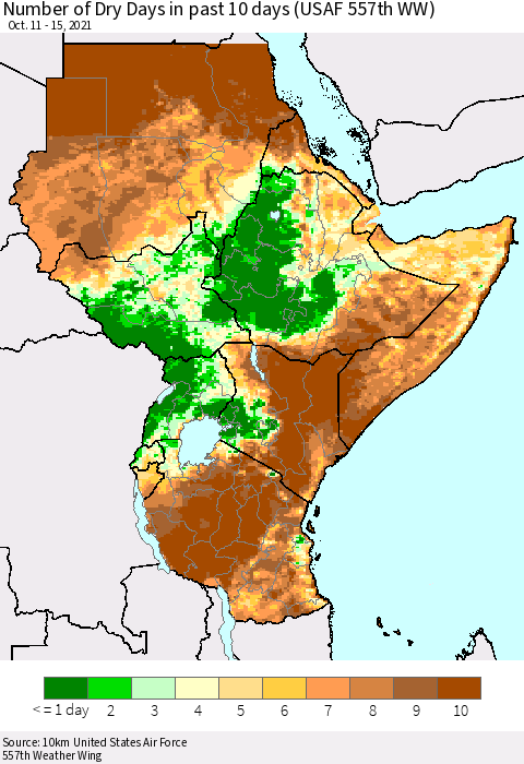 Eastern Africa Number of Dry Days in past 10 days (USAF 557th WW) Thematic Map For 10/11/2021 - 10/15/2021