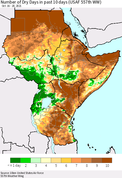 Eastern Africa Number of Dry Days in past 10 days (USAF 557th WW) Thematic Map For 10/16/2021 - 10/20/2021