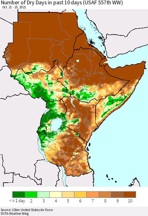 Eastern Africa Number of Dry Days in past 10 days (USAF 557th WW) Thematic Map For 10/21/2021 - 10/25/2021