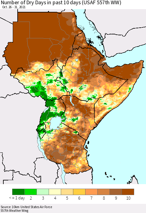 Eastern Africa Number of Dry Days in past 10 days (USAF 557th WW) Thematic Map For 10/26/2021 - 10/31/2021