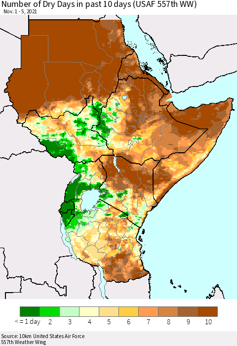 Eastern Africa Number of Dry Days in past 10 days (USAF 557th WW) Thematic Map For 11/1/2021 - 11/5/2021
