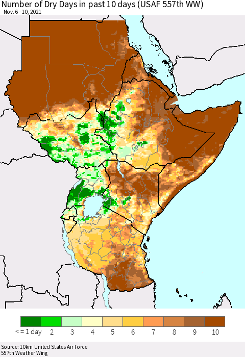 Eastern Africa Number of Dry Days in past 10 days (USAF 557th WW) Thematic Map For 11/6/2021 - 11/10/2021