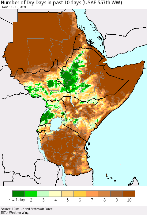 Eastern Africa Number of Dry Days in past 10 days (USAF 557th WW) Thematic Map For 11/11/2021 - 11/15/2021