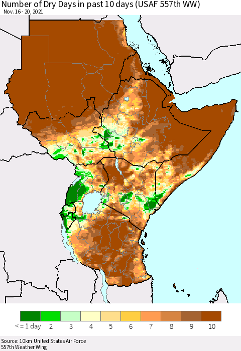 Eastern Africa Number of Dry Days in past 10 days (USAF 557th WW) Thematic Map For 11/16/2021 - 11/20/2021