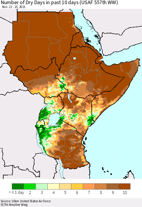 Eastern Africa Number of Dry Days in past 10 days (USAF 557th WW) Thematic Map For 11/21/2021 - 11/25/2021
