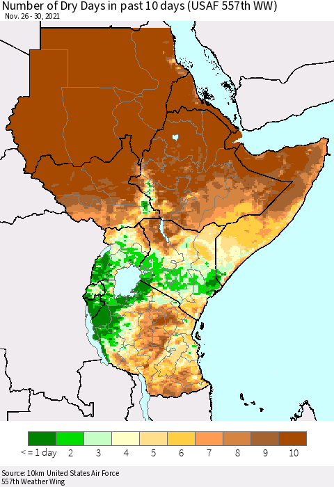Eastern Africa Number of Dry Days in past 10 days (USAF 557th WW) Thematic Map For 11/26/2021 - 11/30/2021