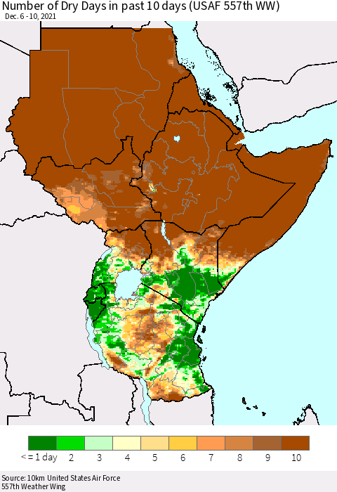 Eastern Africa Number of Dry Days in past 10 days (USAF 557th WW) Thematic Map For 12/6/2021 - 12/10/2021