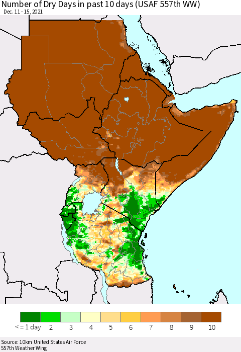 Eastern Africa Number of Dry Days in past 10 days (USAF 557th WW) Thematic Map For 12/11/2021 - 12/15/2021