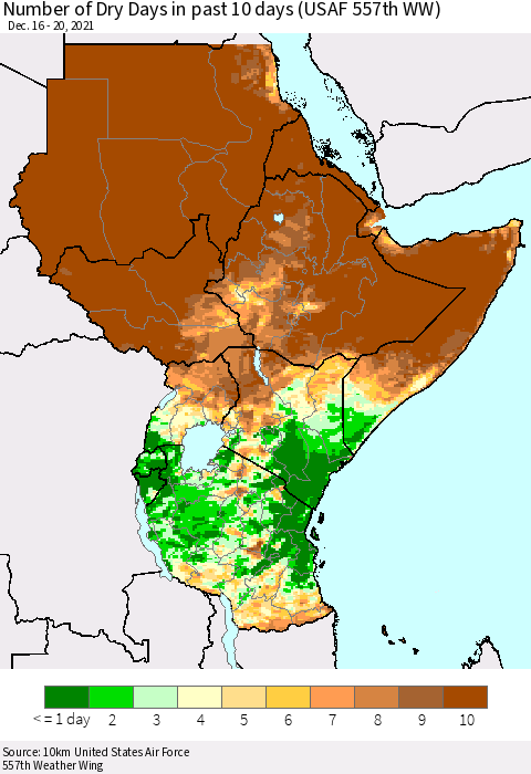 Eastern Africa Number of Dry Days in past 10 days (USAF 557th WW) Thematic Map For 12/16/2021 - 12/20/2021