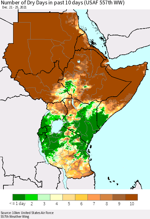 Eastern Africa Number of Dry Days in past 10 days (USAF 557th WW) Thematic Map For 12/21/2021 - 12/25/2021