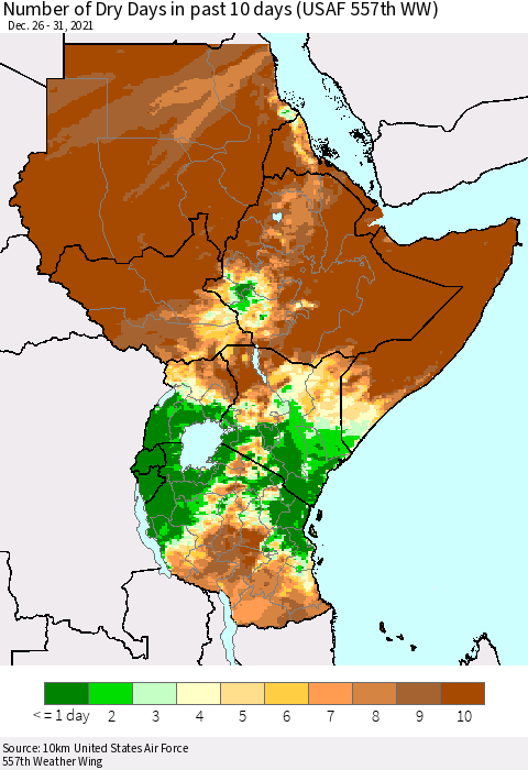 Eastern Africa Number of Dry Days in past 10 days (USAF 557th WW) Thematic Map For 12/26/2021 - 12/31/2021