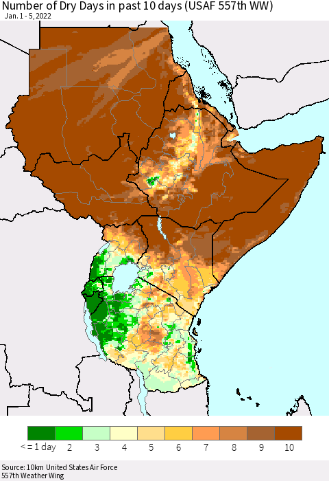 Eastern Africa Number of Dry Days in past 10 days (USAF 557th WW) Thematic Map For 1/1/2022 - 1/5/2022